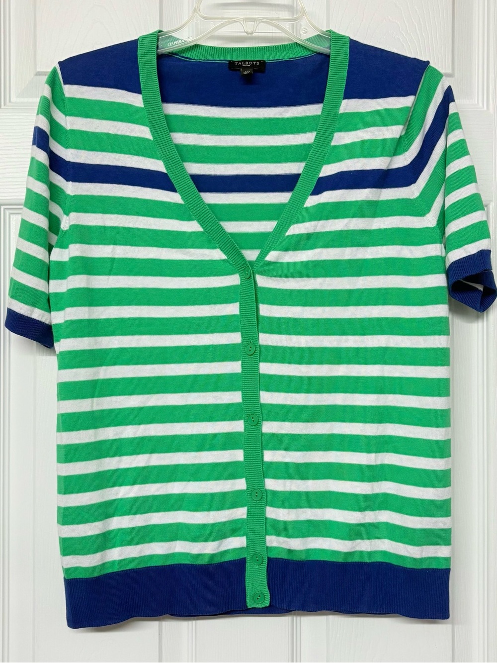 Talbots Button Front Short Sleeve Blue and Green Striped Cardigan Sz LP